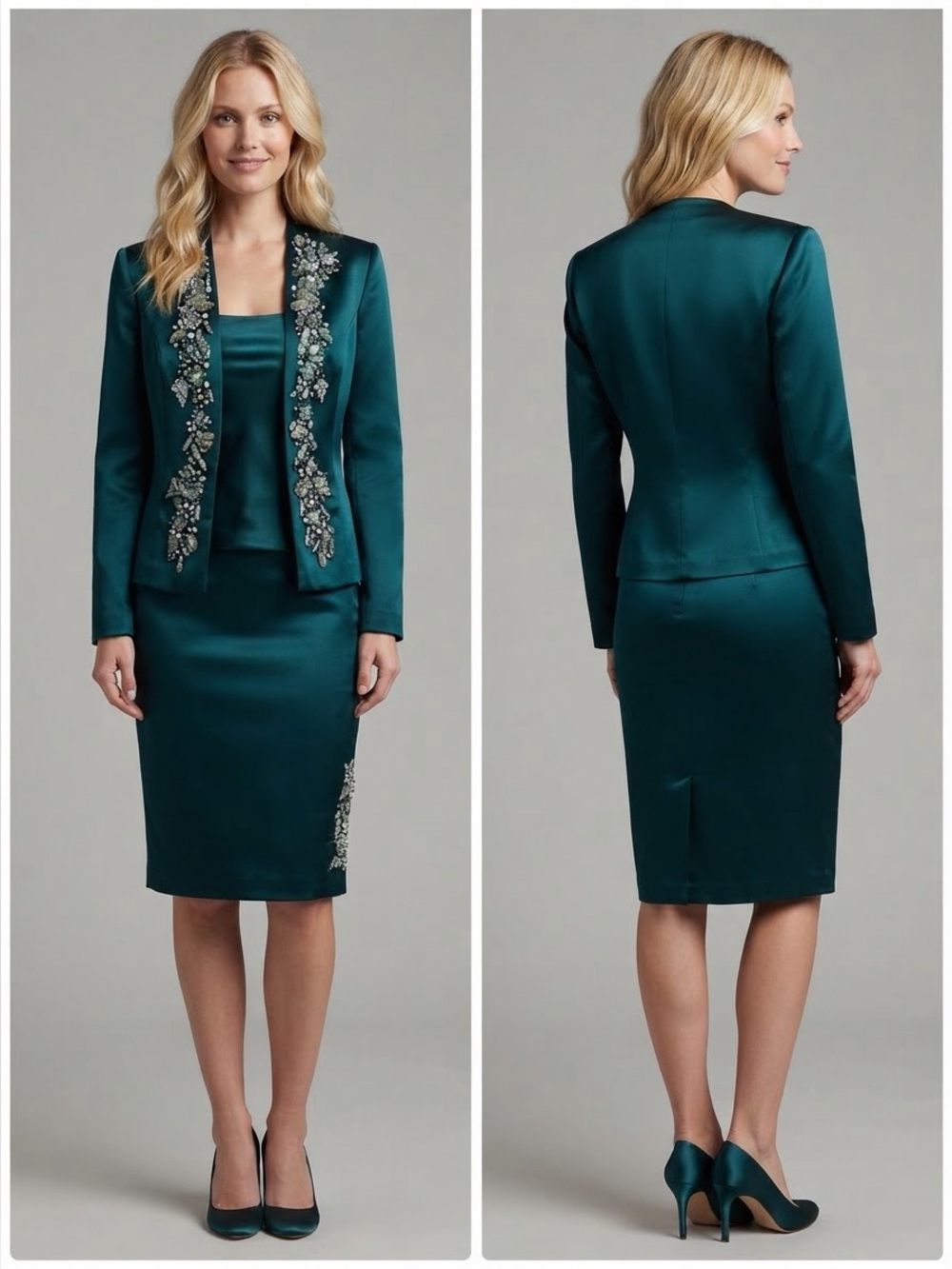 NWT Satin‎ Skirt Suit 3Pc Set Blazer/Top/Skirt Formal Silk Outfit Rhinestone